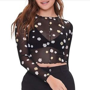 Black Sheer Mesh Daisy Floral Top, Long Sleeve Floral Mesh Top